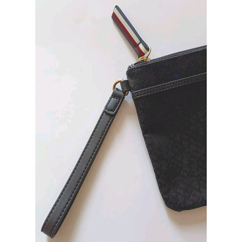 Tommy Hilfiger Wristlet Wallet Purse Clutch Black All Over Logo Print Zippered - Picture 7 of 10